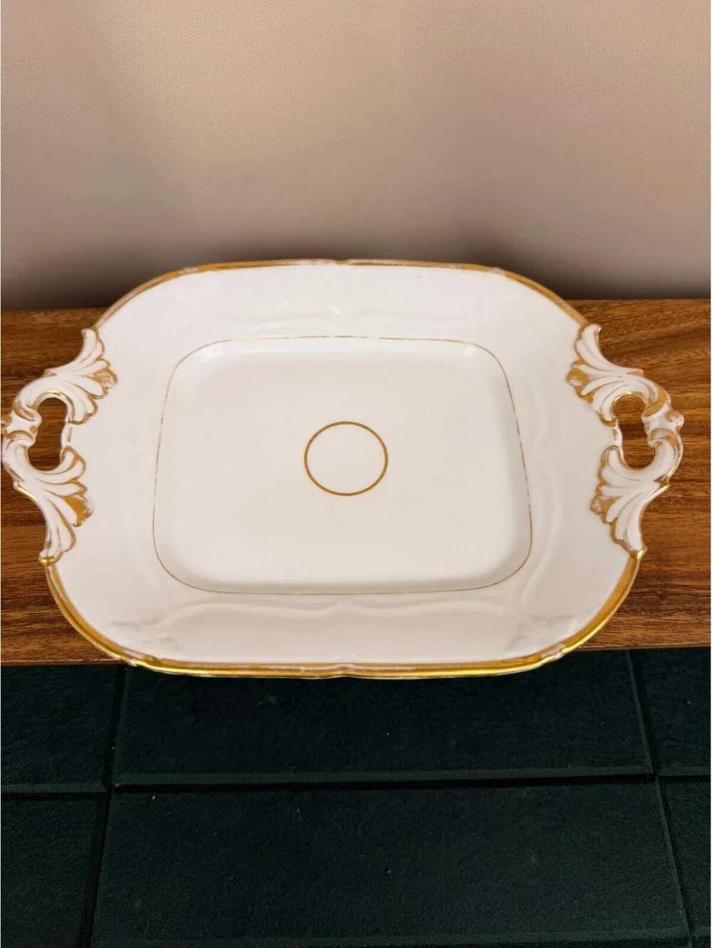 Vintage White Porcelain Serving Tray with Gold Trim and Ornate Handles
